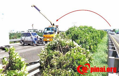 厢型车爆胎冲撞分隔岛护栏后,撞断两棵路树,弹飞到对向车道上箭头处。