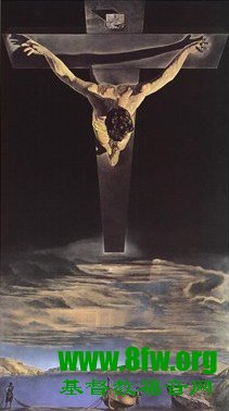 天空中竖着一个十字架,耶稣被钉在上面