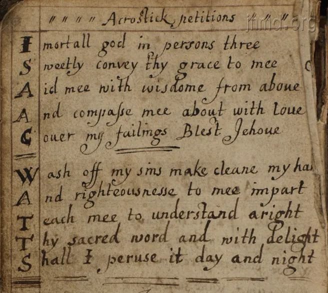 夹在以撒·华滋圣经中的藏头诗